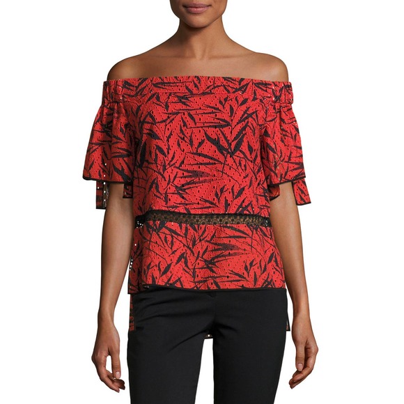 Prabal Gurung Off The Shoulder Printed Eyelet Blouse Size 6 - Picture 1 of 12